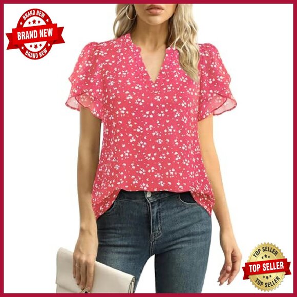 Chiffon Blouse Petal Sleeve V Neck Work Casual Summer Top - Picture 2 of 7